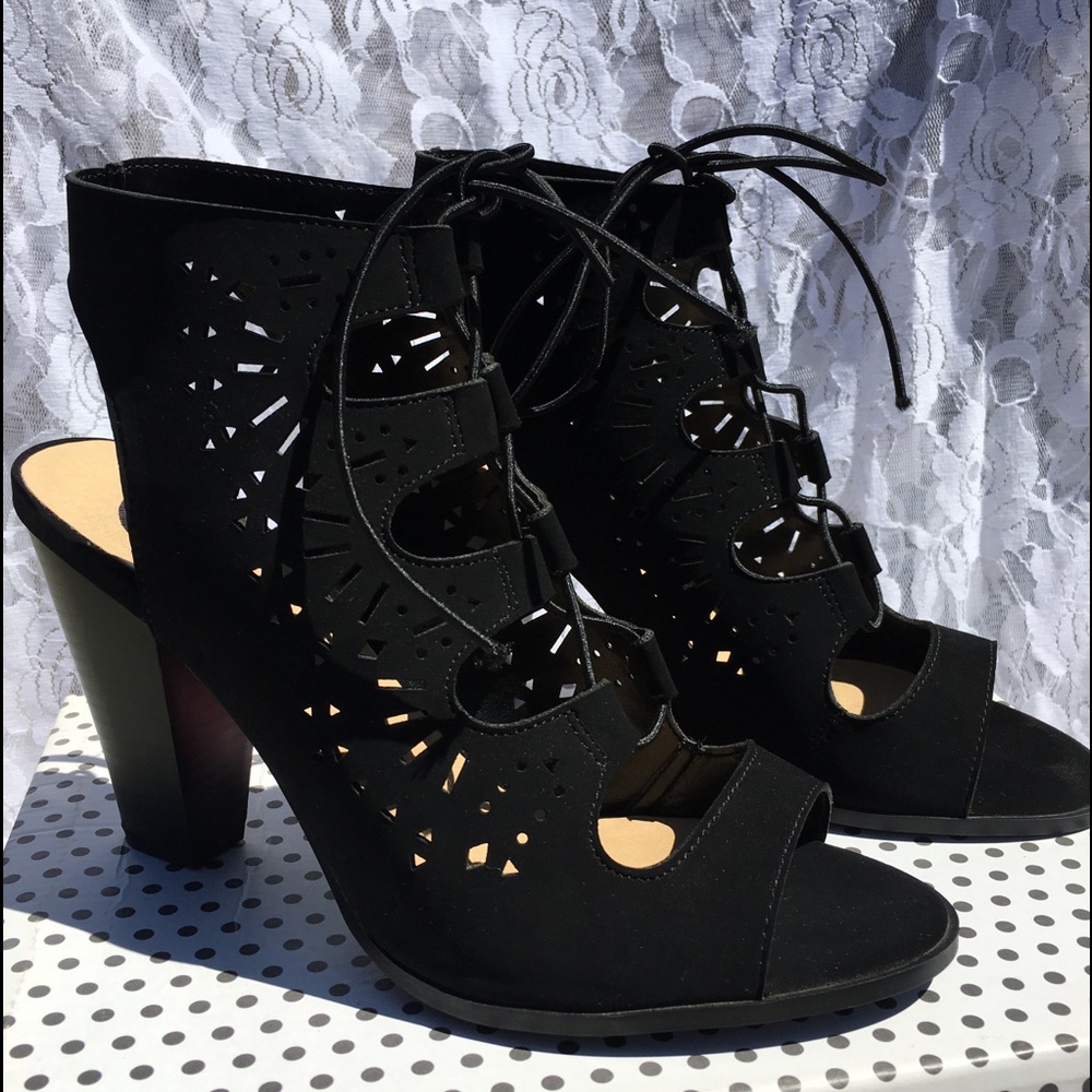 Black Faux Suede Open Toe Heels